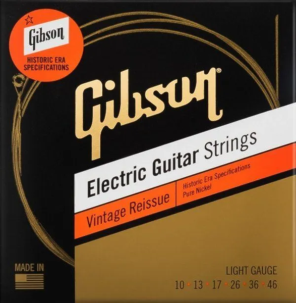 Струны Gibson SEG-HVR10 VINTAGE REISSUE ELECTIC GUITAR STRINGS, LIGHT GAUGE струны для электрогитары, .010-.046 артикул 277321Si-1