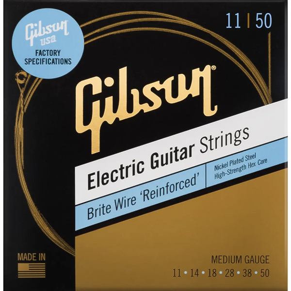 Струны Gibson SEG-BWR11 BRITE WIRE REINFORCED ELECTIC GUITAR STRINGS, MEDIUM GAUGE струны для электрогитары, .011-.050 артикул 277319Si-1