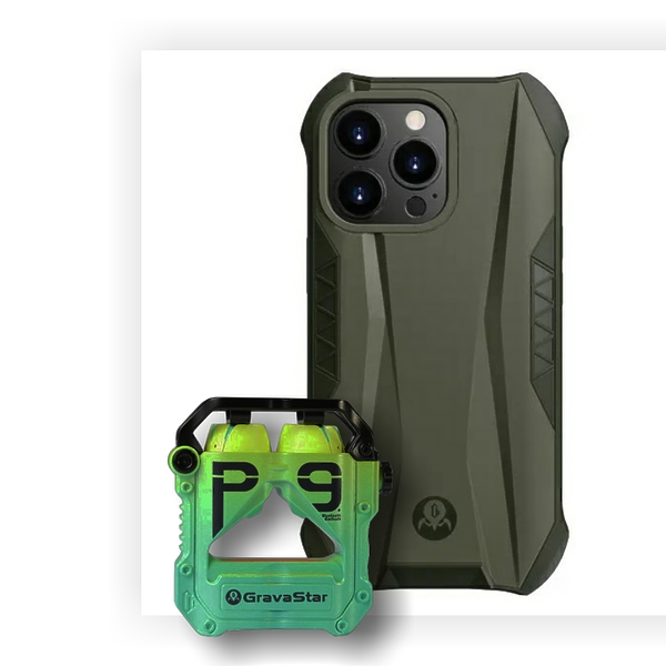 Комплект беспроводные наушники Gravastar Sirius Pro Neon Green + Ferra Olive Green for iPhone 13 Pro артикул 271503Si-1