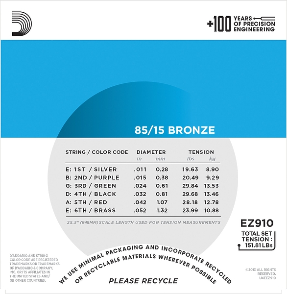 Струны D'Addario EZ910 SET ACOUS GTR 85/15 LITE 11-52 артикул 274500Si-1 фото 5