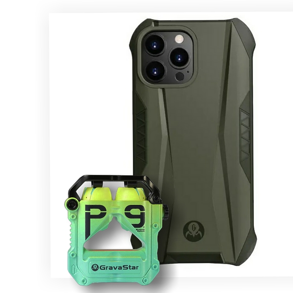Комплект беспроводные наушники Gravastar Sirius Pro Neon Green + Ferra Olive Green for iPhone 13 Pro Max артикул 271504Si-1
